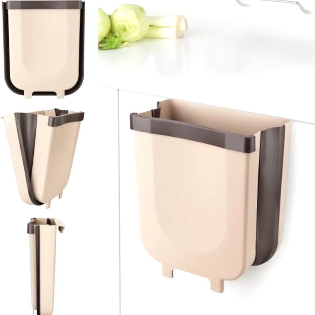 Cascadia foldable plastic kitchen trash can in beige and dark gray, shown in a composite image with three views: hooked to a cabinet, fully open, and fully folded for compact storage.