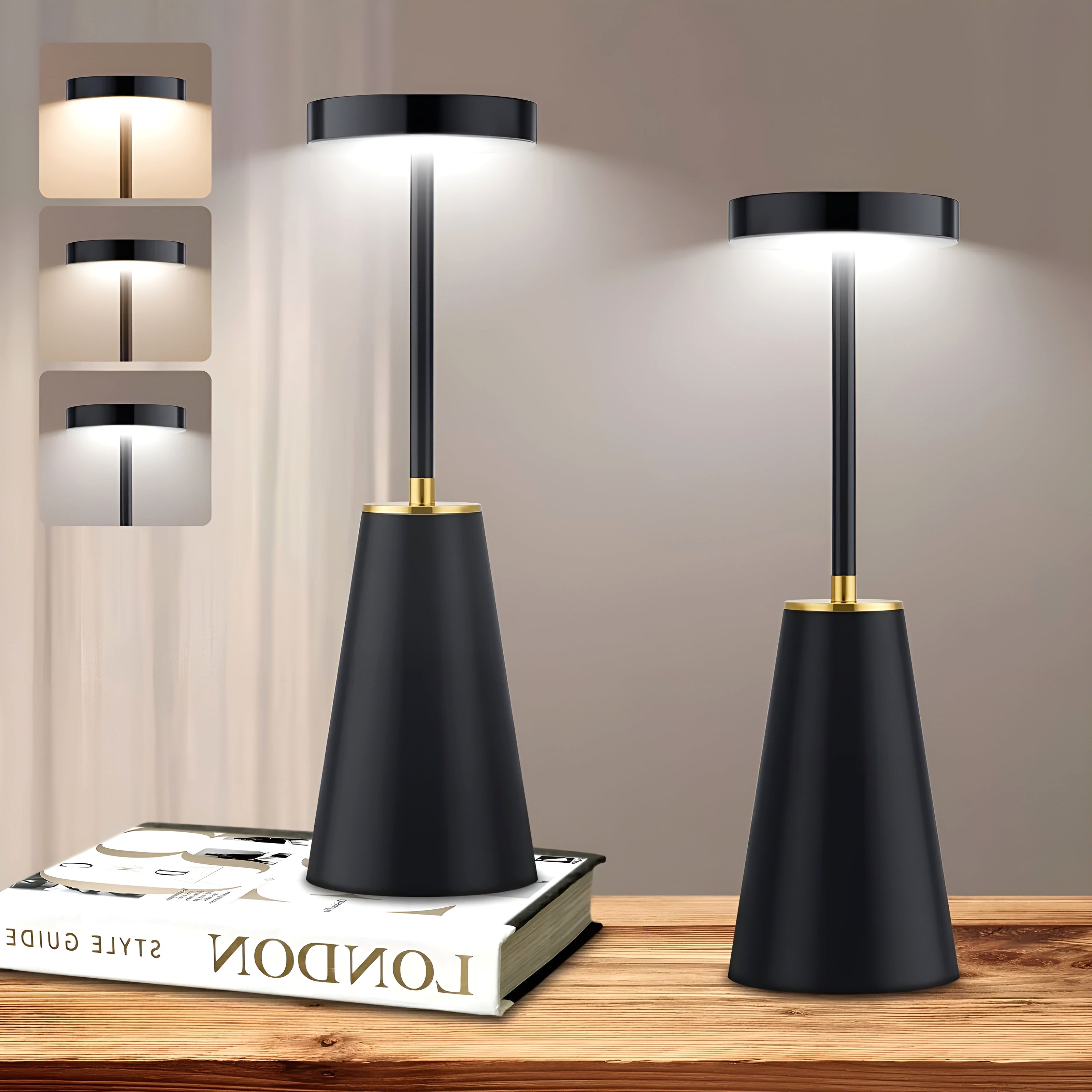 Two black Lumiere Essence wireless rechargeable table lamps on a wooden table next to a book, with insets demonstrating the lamp's warm, warm white, and white light color options.