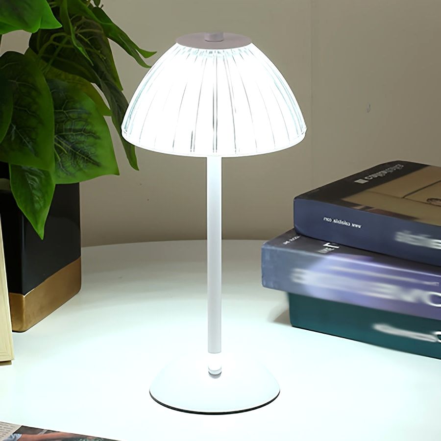 Luxe Glow USB rechargeable table lamp with a white finish and pleated shade, illuminated on a clean white desk next to books a green plant.