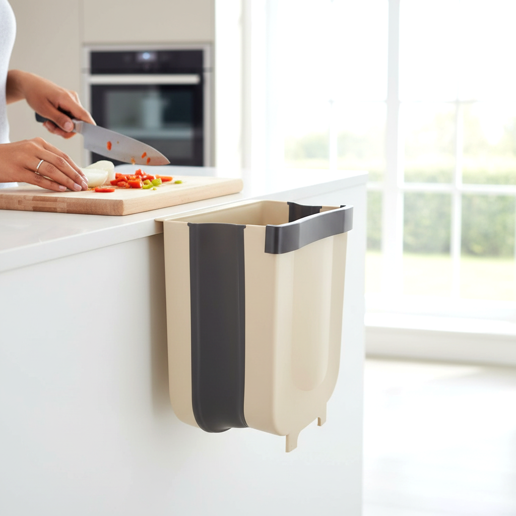 Cascadia foldable plastic kitchen trash can hooked to a kitchen island, with hands chopping vegetables on a cutting board in the background. Ideal for food prep waste.