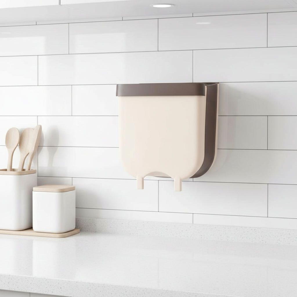 Cascadia foldable plastic kitchen trash can in beige and dark gray, mounted on a white tiled kitchen wall, shown empty and folded to save space. Kitchen utensils are on the countertop.