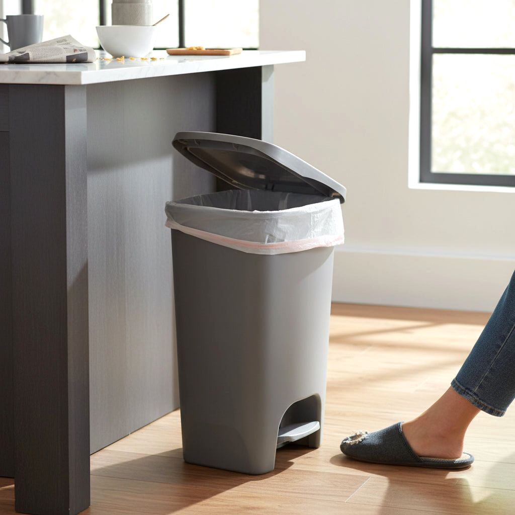 A grey Serenity kitchen trash can with its lid open, revealing a trash bag, positioned in a kitchen with a person's foot in a slipper nearby.